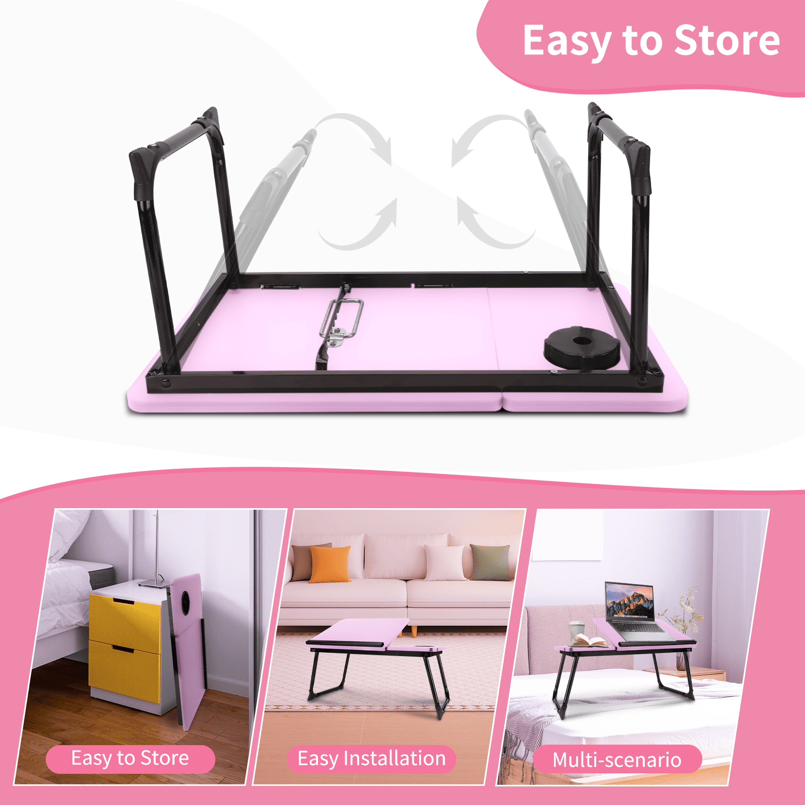 Laptop Bed Tray Table, WLRETMCI Foldable Lap Desk for Bed and Sofa, Laptop Desk Notebook Stand for Eating Breakfast, Reading,Pink