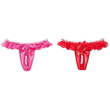 (2-Pack) Kcodviy Womens Lace Open Crotch Variety Underwear for Women Thong Massage Pearl Transparent High Waist Lace Panties