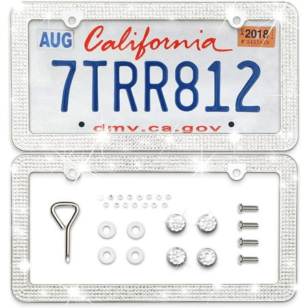 Diamond Rhinestone Bling License Plate Frames for Women, Men - 2 Pack (White)
