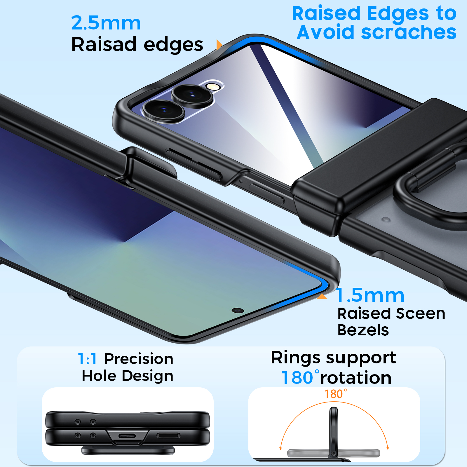 Vizvera for Samsung Galaxy Z Flip 7 Case with Ring Holder & Screen Protector & Hinge Protection,Wireless Charging,Skin Feel Matte PC,Shockproof Phone Case-Black