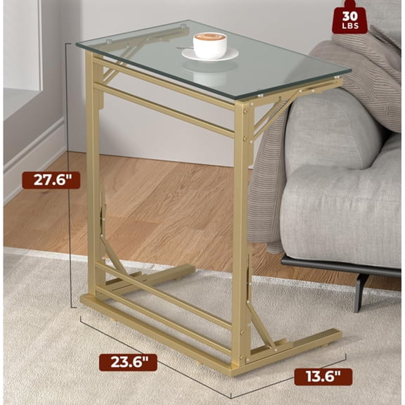 24" Folding C Shaped End Table, Small Tempered Glass Side Table for Couch or Bed, Foldable TV Tray Laptop Desk with Gold Metal Frame