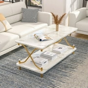 VECELO Rectangle Coffee Table with Storage Shelf, Modern X-Design Side Metal Frame for Living Room Office, White & Gold