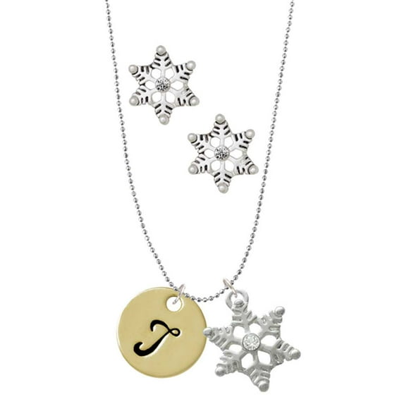 Delight Jewelry Goldtone Large Disc Letter - T - 3/4'' Silver tone Snowflake Charm Necklace and Stud Earrings
