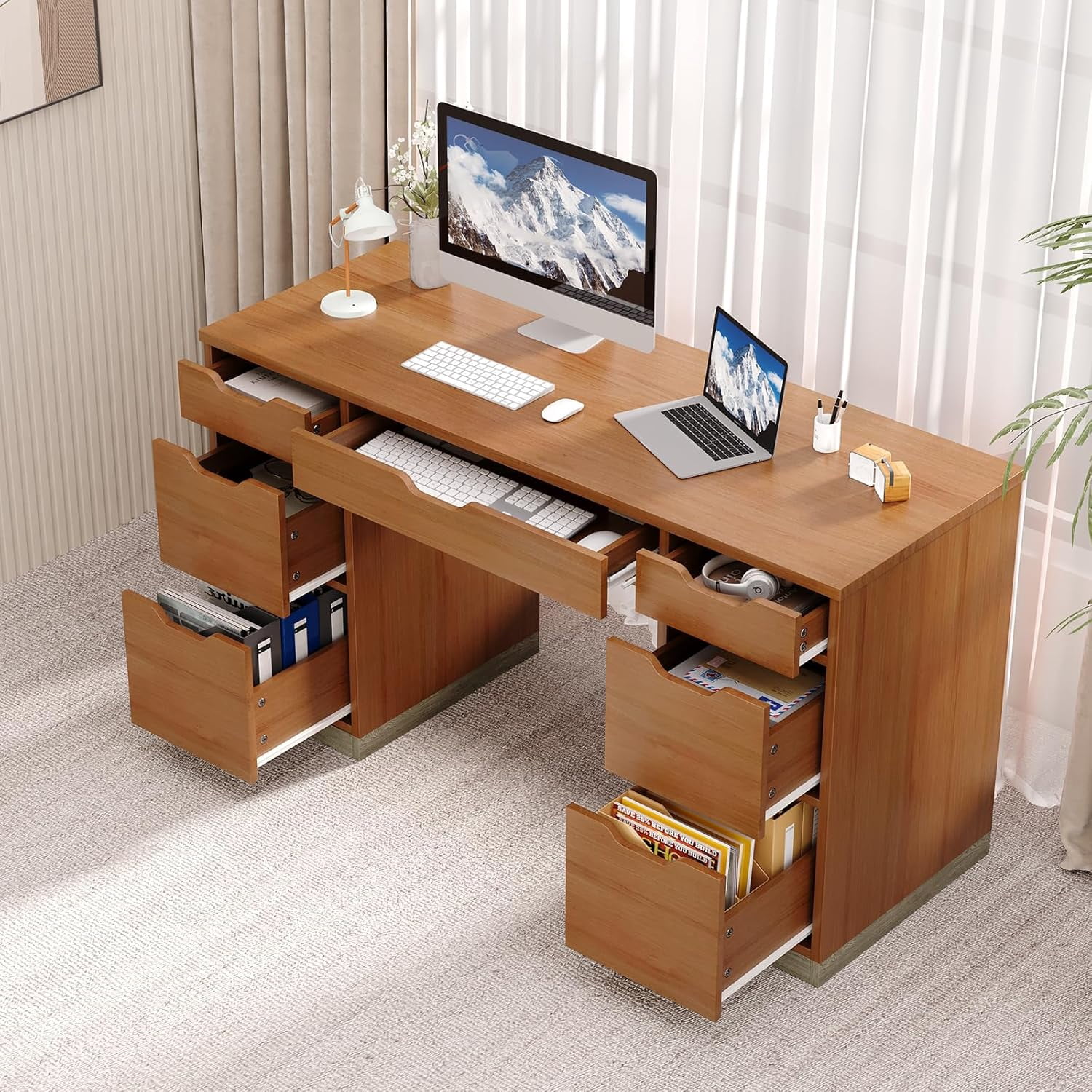 DreamCurship 54" Executive Desk with Storage, White Computer Desk with 7 drawers, Wood Home Office Desk with File Drawers, Brown