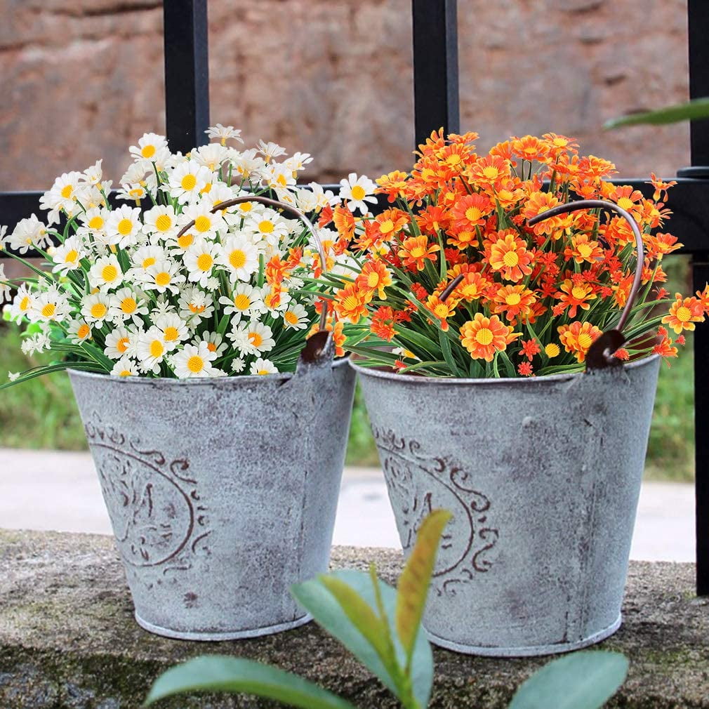 6 Bundles Outdoor Artificial Daisies Fake Flowers UV Resistant Shrubs, Faux Plastic Greenery for Indoor Outside Hanging Plants Garden Porch Window Box Home Wedding Farmhouse Decor (White)