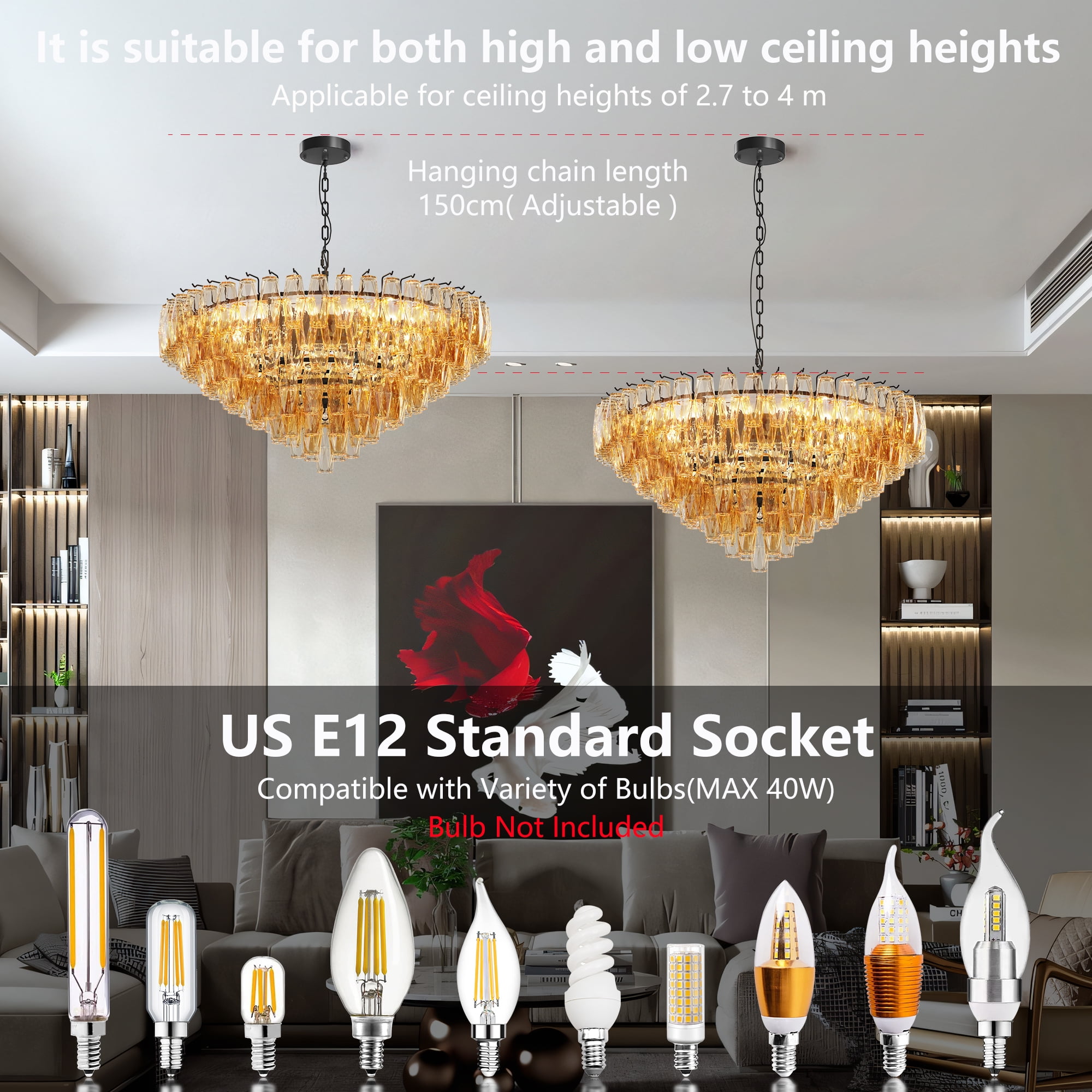 Jopath 37" Round Chandelier, Modern Extra Large Chandeliers, 14-Light with Tiered Glass Tubes Ceiling Light, Pendant Lighting Fixture for Dining Room Living Room Bedroom Kitchen Island Black