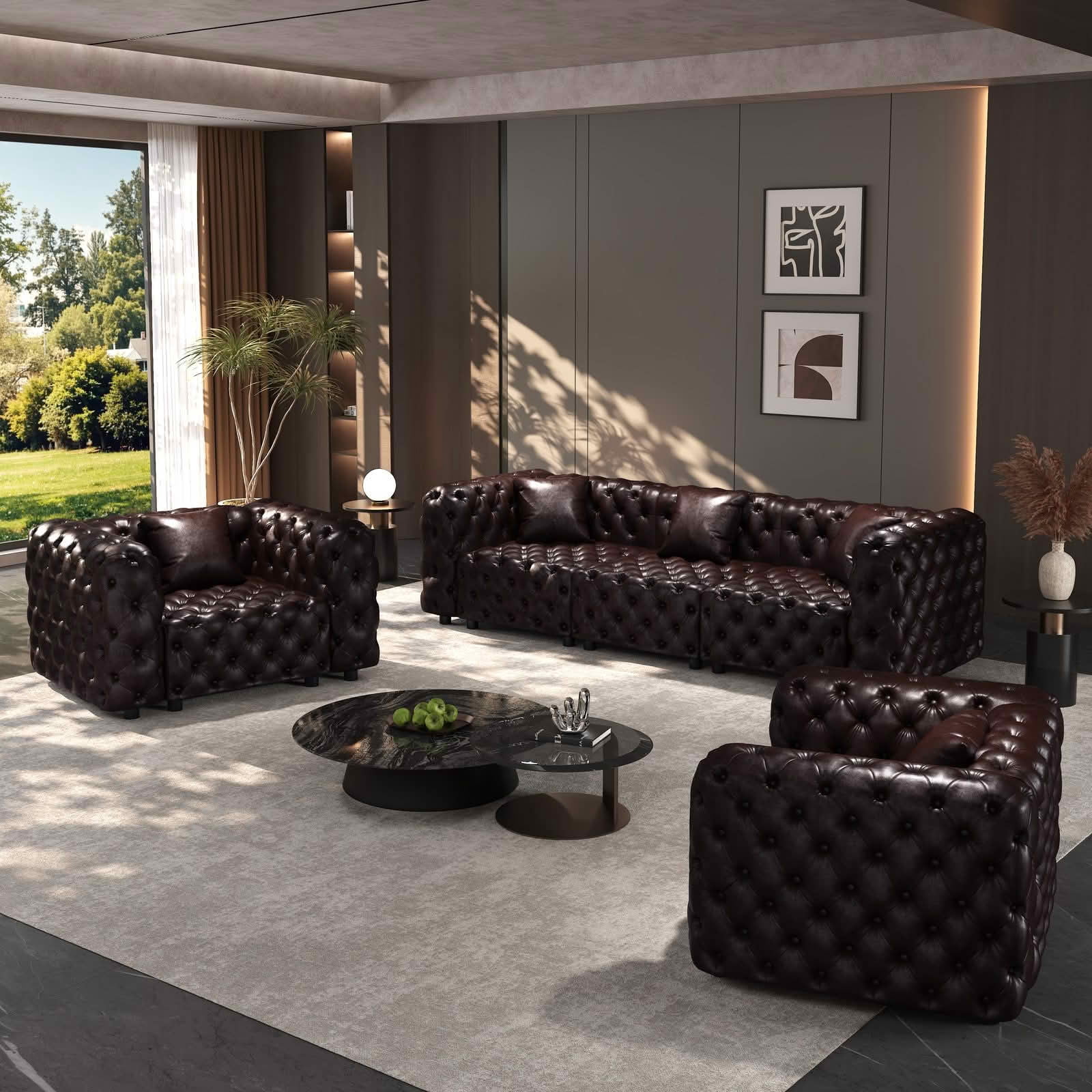 MAYEERTY 5‑Seat Faux‑Leather Modular Sofa, Handcrafted Button Tufted Couch with 5 Pillows for Living Room & Small Apartment