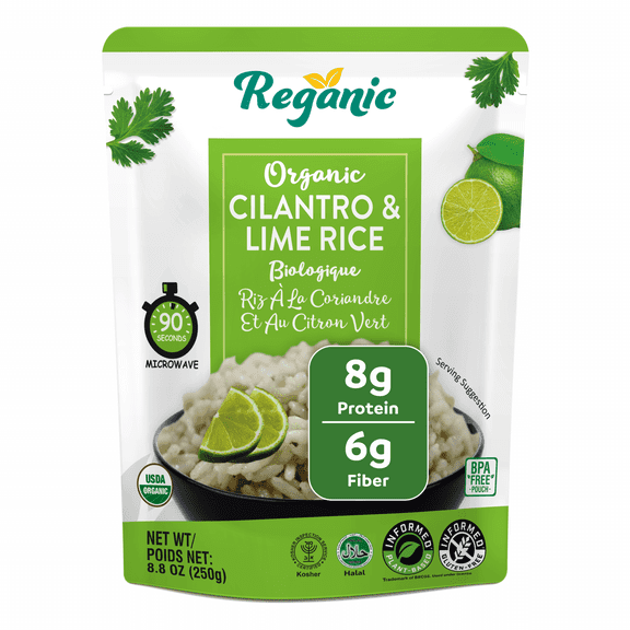 Reganic Organic Cilantro & Lime Rice, Heat & Eat Microwaveable, 8.8 oz (pack of 12), Shelf-Stable