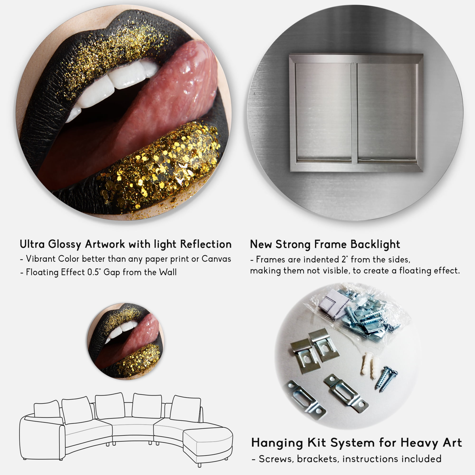 Designart 'Woman Lips Black Lipstick and Gold Sequins' Modern Circle Metal Wall Art 23x23 - Disc of 23