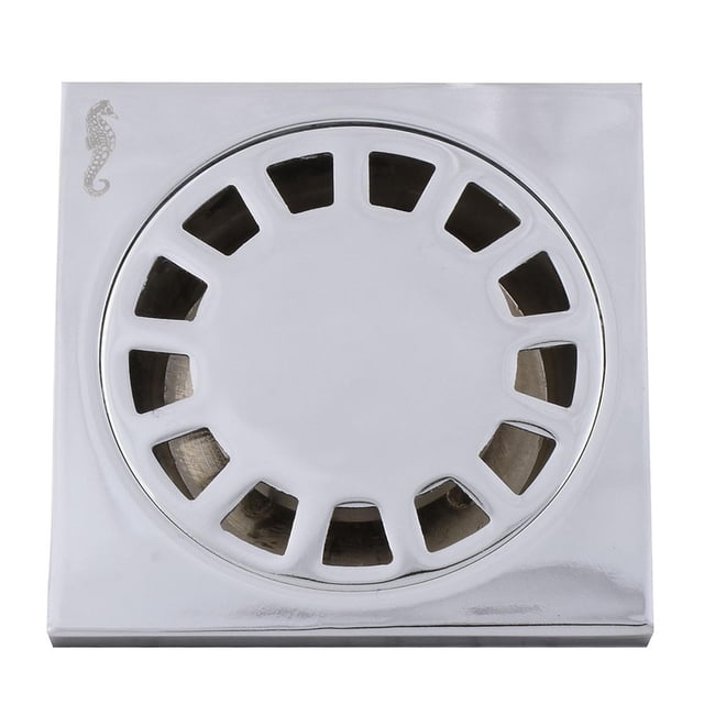 resumidero anticucarachas rugo metal cromado 5.2x5.2cm Rejilla cuadrada cromada color plata, vista cenital centrada; placa superior con ranuras radiales y coladera interior que impide entrada de desechos y roedores, segundo filtro anticucarachas visible; compatible con tubo PVC de 2"; también suele usarse para reemplazo rápido en desagües de baño y regadera.