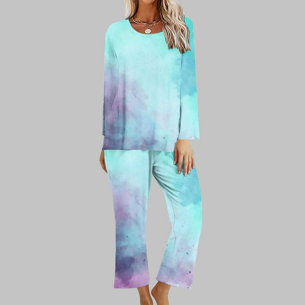 Puntoco Traje De Pantalón Y Manga Larga Con Cuello Redondo Y Estampado No Posicionado Para Mujer, Color Azul Cielo M