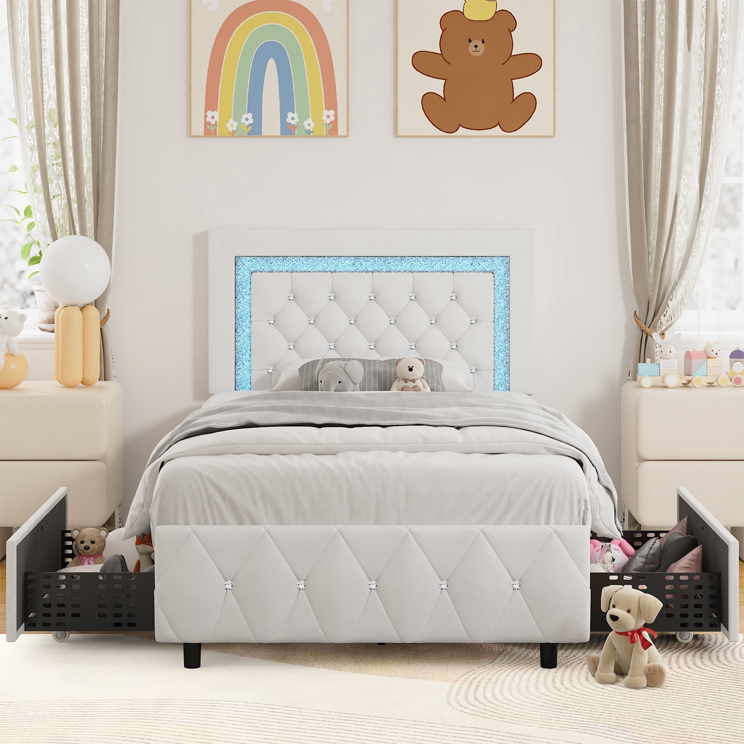 4 Ever Winner Twin Size Upholstered Bed Frame with LED Light, 2 Drawers, Diamond Tufted Headboard, White