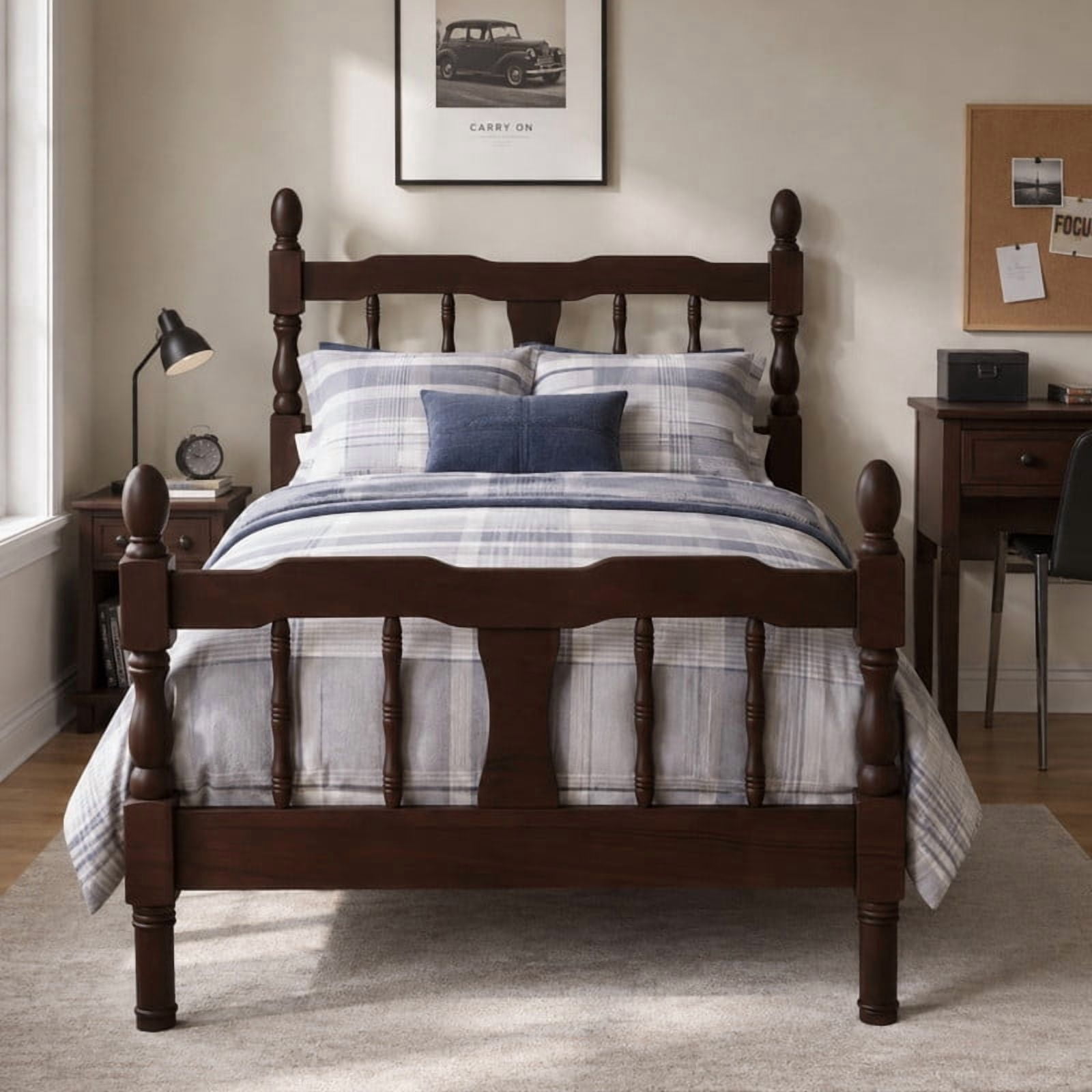 Euroco Wood Twin Size Platform Bed Frame, Classic Farmhouse Bed Frame with Spindle Headboard, Dark Walnut