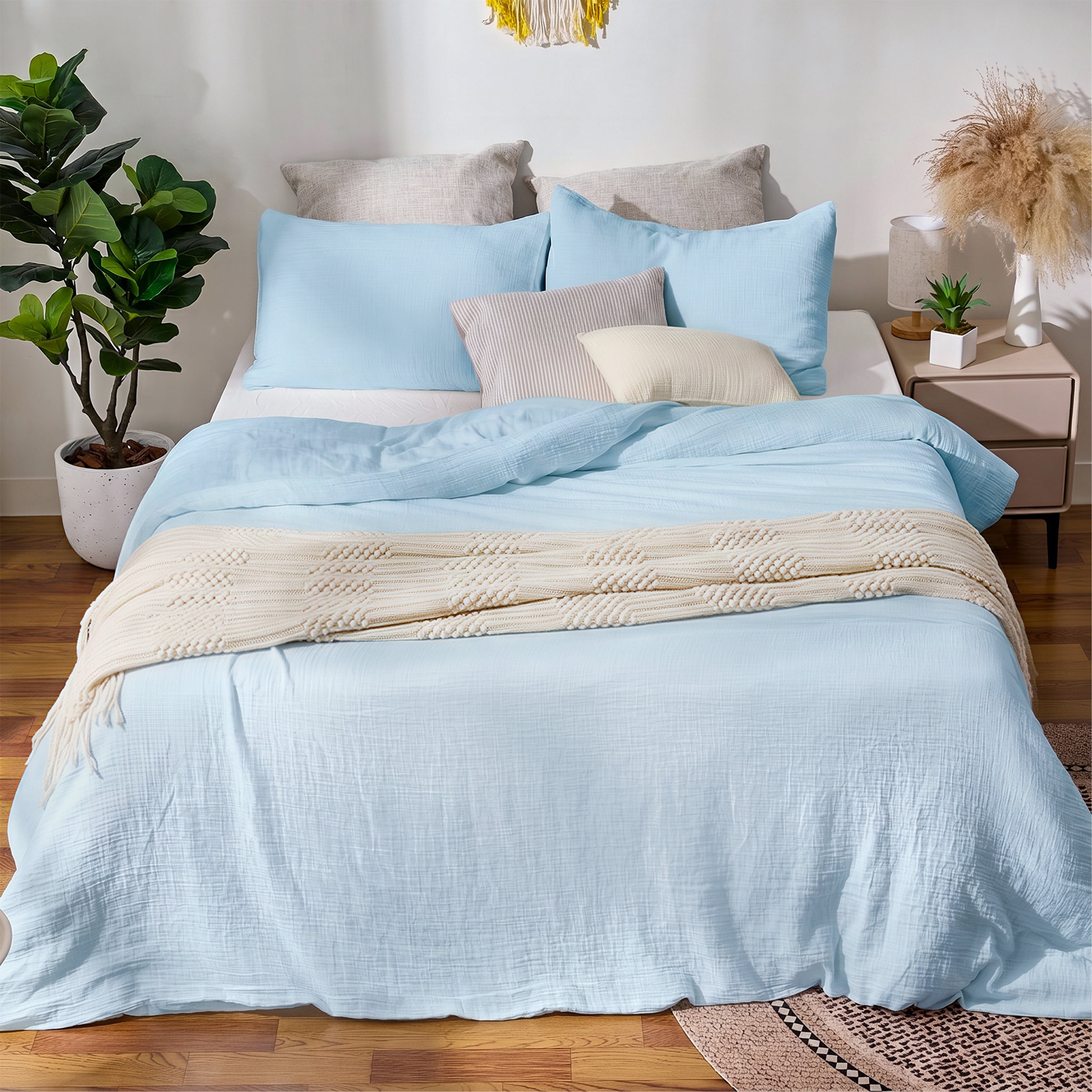 TechForma 100% Cotton Duvet Cover Set, Blue Double Layer Gauze Bed Set, 3 pcs Breathable & Crisp Soft Duvet Cover Set, Twin