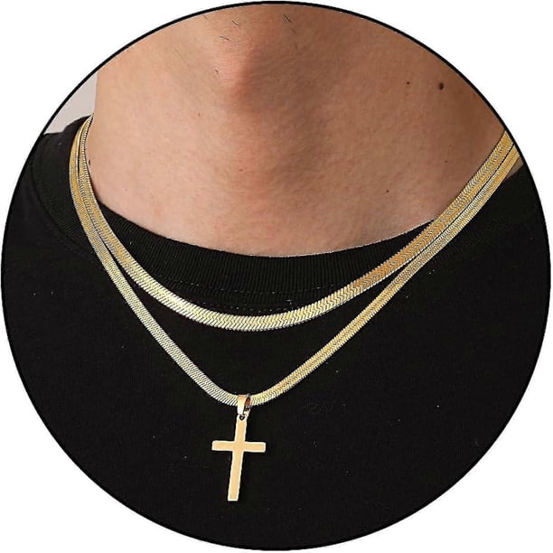 Cross Necklace For Men Boys Women Stainless Steel Layered Herringbone Chain Cross Pendant 4mm/5mm Double Chains Christian Religious Jewelry Gifts Fo