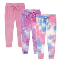 BTween Girl's 3-Pack Velour Jogger Pant Set - Solid and Tie Dye Sweatpants for Girls, Lily/Purple Size 14/16