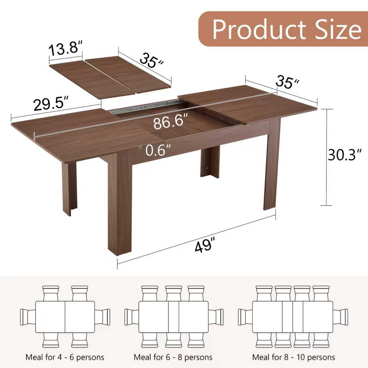 Alvantor Extendable Dining Table with Drop Leaves in Walnut Finish, 86.5x35x30 Inches