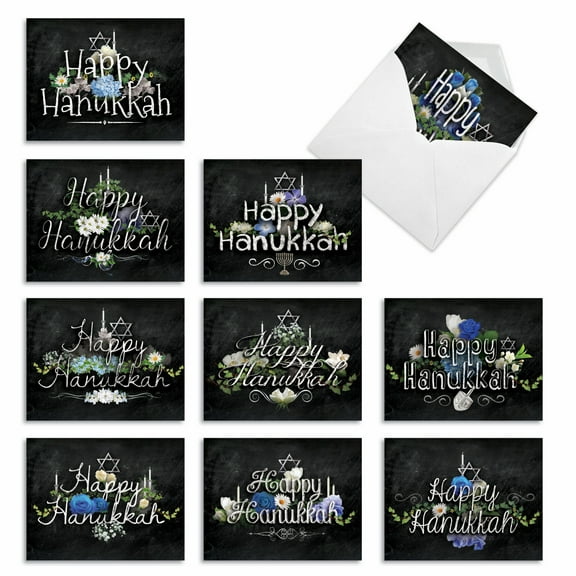Pack of 10 Hanukkah Cards with Envelopes (4 x 5.12 Inch) - HANUKKAH CHALK AND ROSES M2358HKG