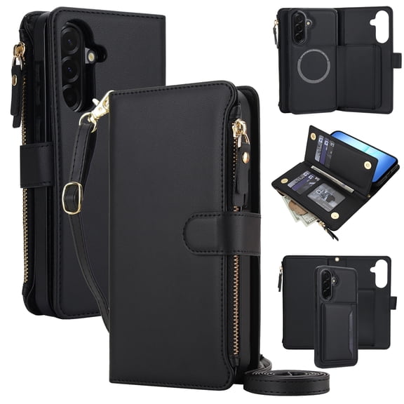 Sanwo Crossbody Wallet Case for Samsung Galaxy A16 5G, 2-in-1 Detachable Magnetic Phone Cover with RFID Blocking Card Slots and Zipper Purse, Removable Shoulder Strap Wristlet Folio Kickstand, Black