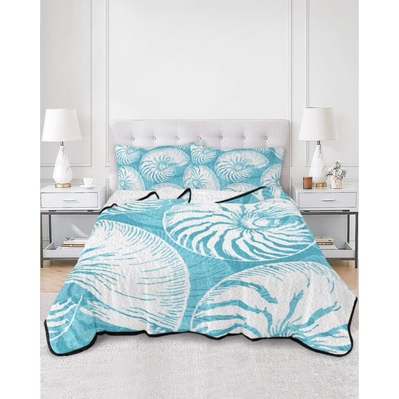 Quilts Twin Size, Coastal Shell Teal Blue Soft Comforter Bedding Set for Bed, Summer Ocean Shell Beach Lightweight Quilted Bedspread with Pillow Cover(2 Pieces) for All Season, 68x86 Inch