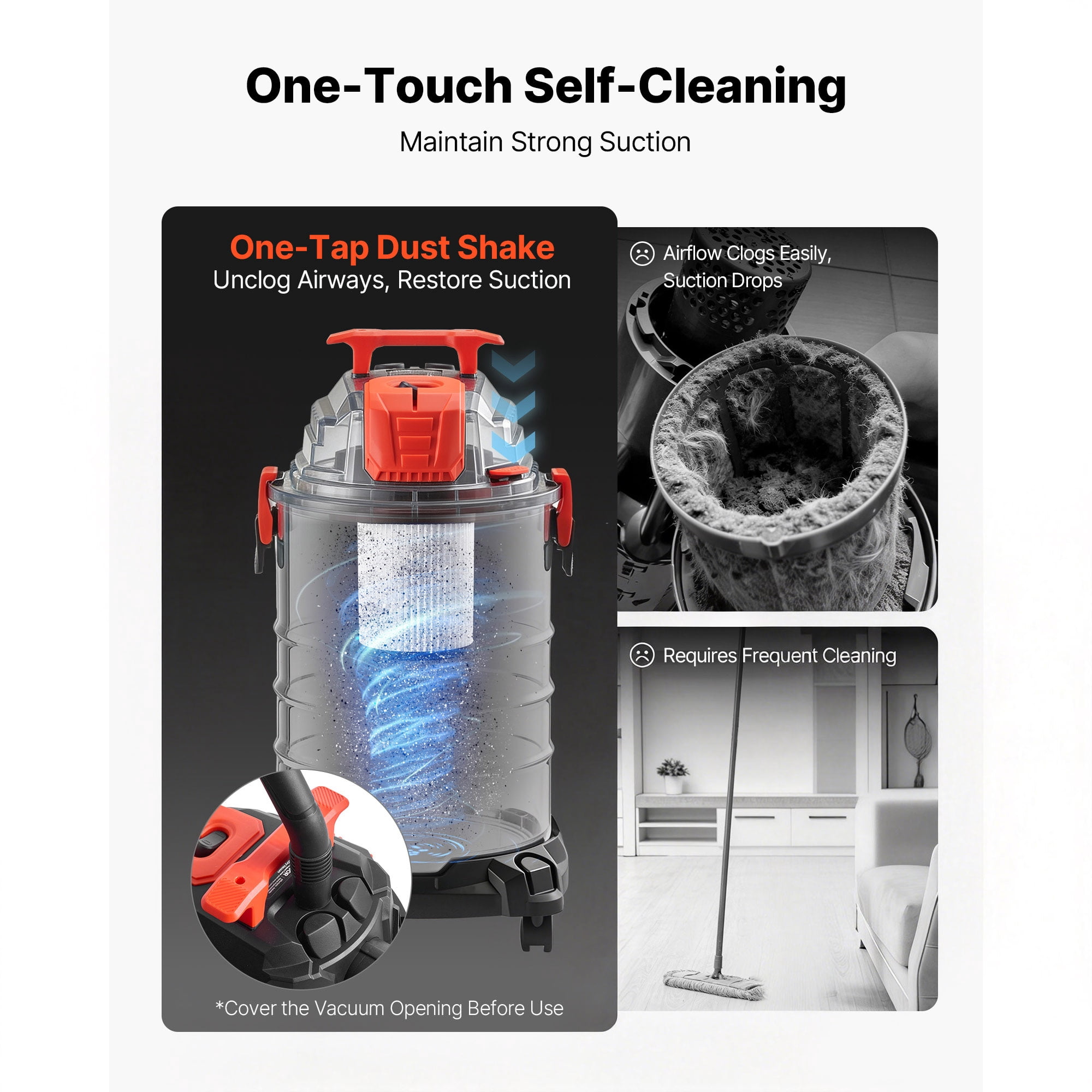VEVOR Stainless Steel Shop Vac, 8 Gallon Wet Dry Shop Vacuum, 6 Peak HP with One-Button Self-Cleaning, Dual-Filter, 900W Input Power, 1.25in x 7ft Hose, 9.8ft Cord, Metal Tank for Jobsite, Workshop,