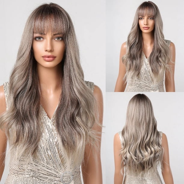 Pelucas sintéticas onduladas largas con flequillo para mujer, cabello rubio, gris ceniza, onda Natural, resistente al calor, Cosplay, fiesta diaria