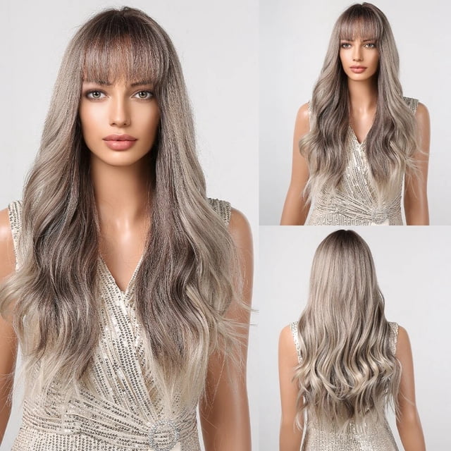 Pelucas sintéticas onduladas largas para Mujeres Afro, cabello Natural negro mezclado marrón, raya al pelo, parte media, peluca diaria resistente al calor