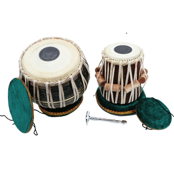 Zaza Percussion - Indian Tabla Drum Set - Brass Bayan Tabla Drum Set, Finest 5.5 Wood Dayan with Book, Hammer, Tabla Cushions and Cover - Indian Musical Instrument