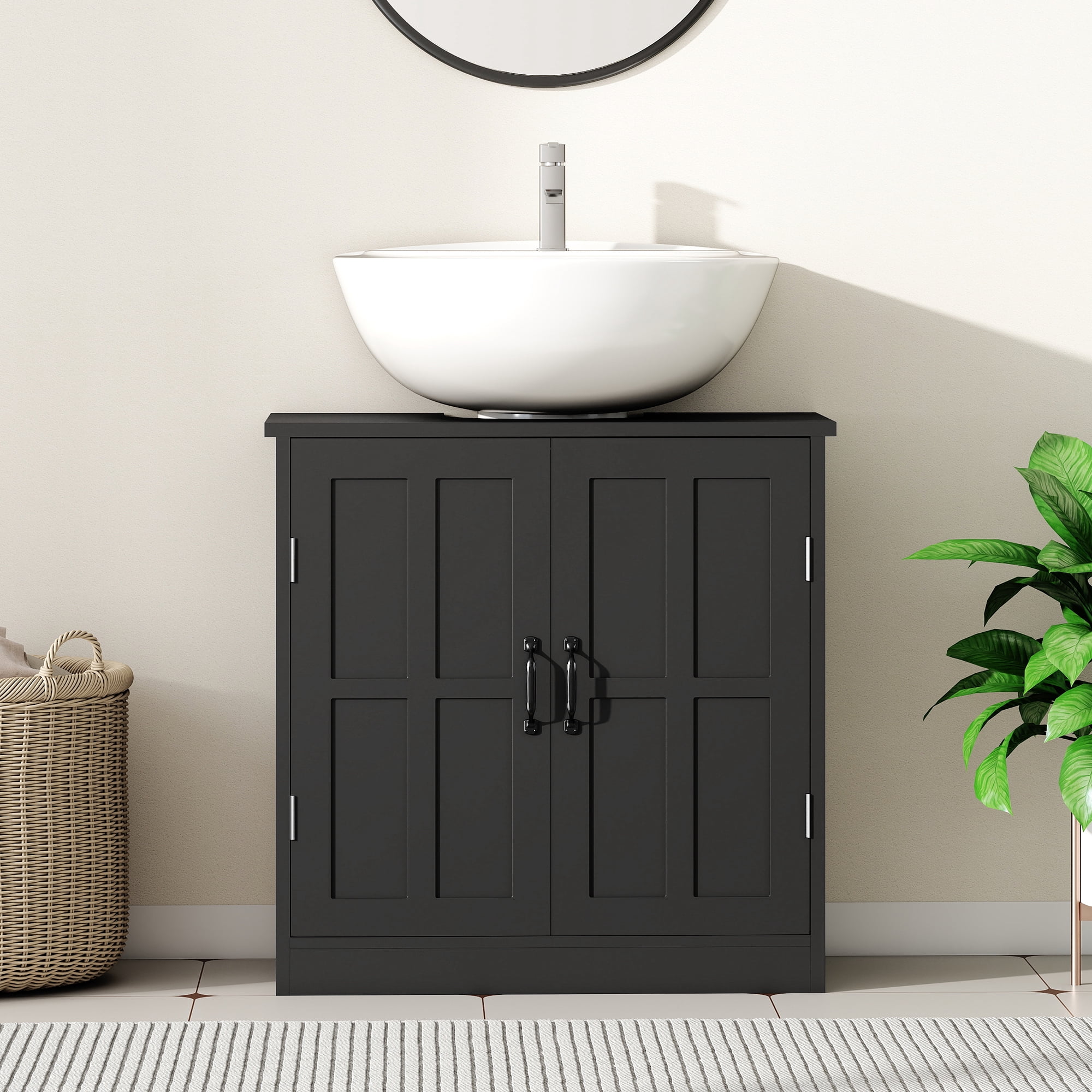Black Under Sink Bathroom Cabinet, Double-Door Storage Cabinet with U-Shaped Cutout & Adjustable Shelf, Anti-Tipping Design for Bathroom Organizer
