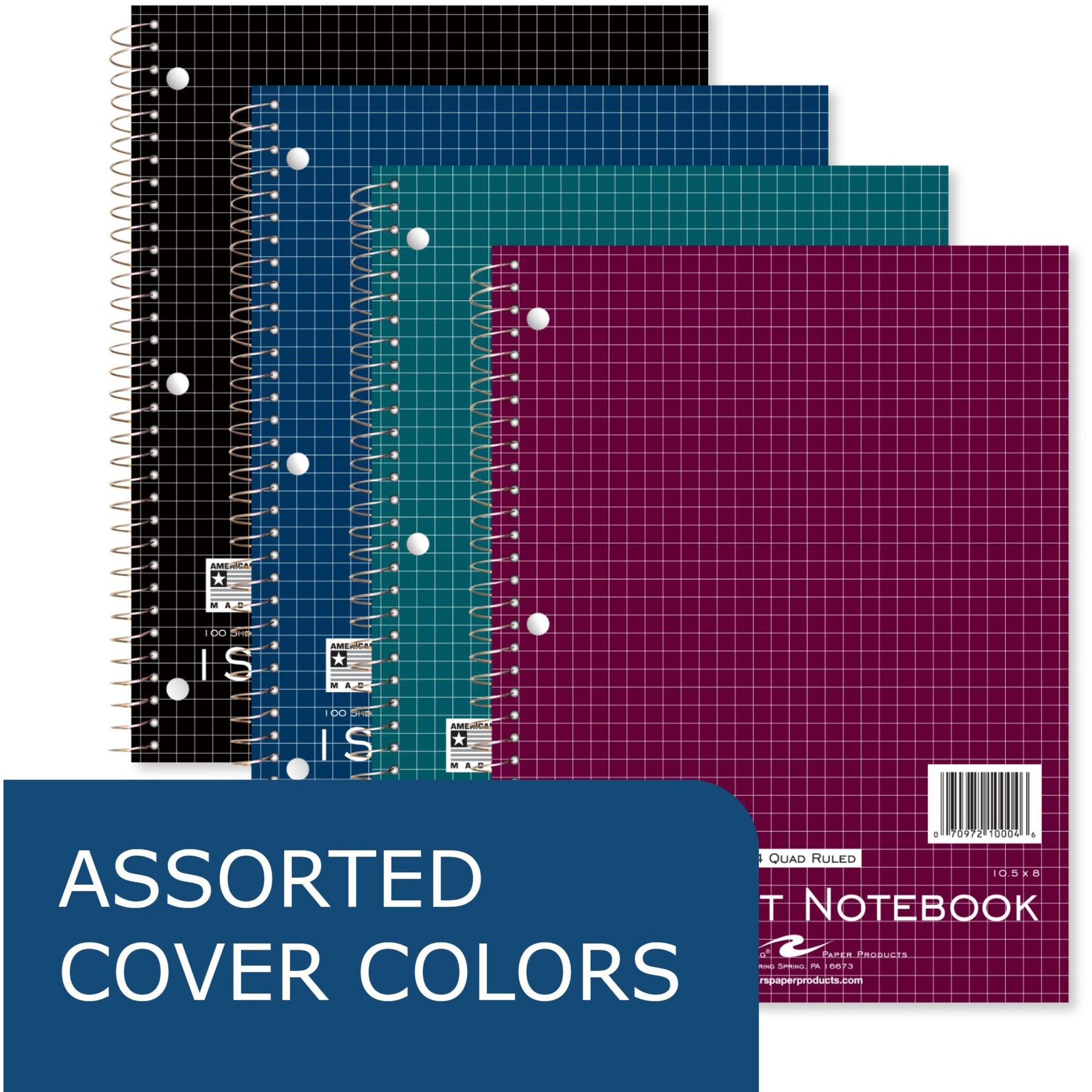 Roaring Spring 4x4 Graph Ruled One Subject Spiral Notebook, 3 Hole Punch, 1 Case (24 Total), 10.5" x 8" 100 Sheets, Assorted Jewel Tones