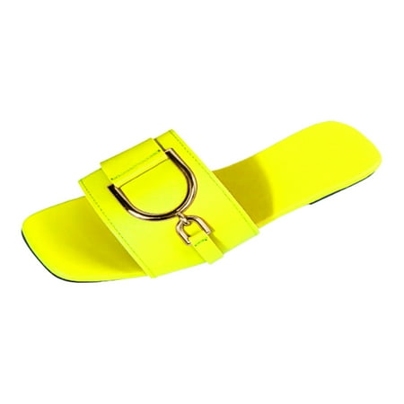 

QYZEU Sandals Women 2024 Sandals for Women Women s Casual Flat Bottom Square Toe Button Solid Color Large Comfortable Sandals Summer Fashion Sandals Yellow