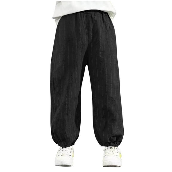 Lndajk Kids' Cotton Linen Joggers Elastic Waist with Drawstring WideLeg Cropped Casual Black 3 Years