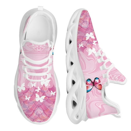 

Casual Women s Shoes Butterflies Pink Fish Scale Design Lace-up Sneakers Spring Breathable Walking Footwear Gifts