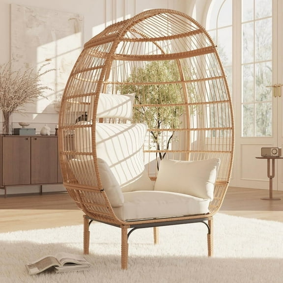 Towallmark Wicker Egg Chair,Oversized Indoor Outdoor Lounger for Patio,500 Lbs Capacity, for Patio, Backyard, Living Room, w/5 Cushions,Steel Frame