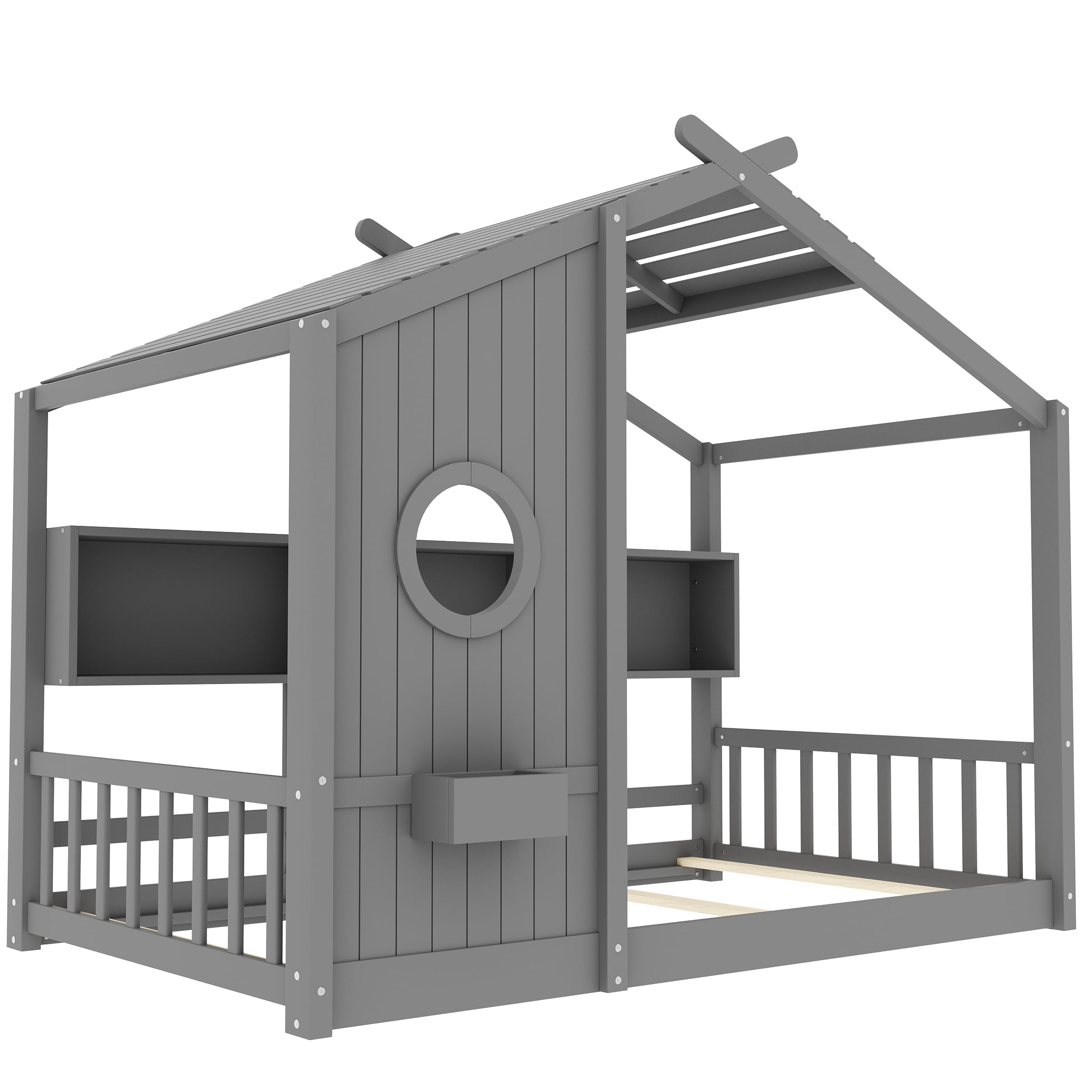 Euroco Wood Twin Size House Bed with Cabinets, Floor Bed with Roof Design and Storage Shelves, White