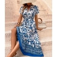 thumbnail image 2 of Women's Summer Dresses Short Sleeve Boho Maxi Dress Floral Print V Neck A Line Lace Elegant High Waist Vacation Sundress (Blue,Medium), 2 of 6