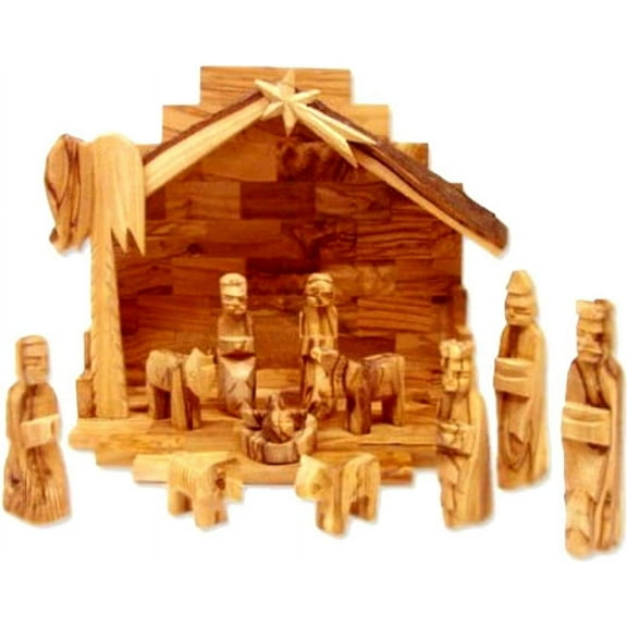 Olive Wood Miniature Set with Stable 12 pieces (Bark Roof Stable)