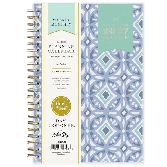 Blue Sky Day Designer 2027 Weekly and Monthly Planner Calendar, January 2027 - December 2027, 5" x 8", Flexible Cover, Durable Twin Wire Binding, Storage Pocket, Includes Stickers, Tile