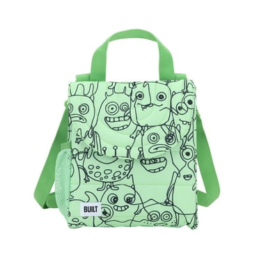 BUILT Insulated Reusable Polyester Kids Lunch Box Puffer Bag with Side Pocket, Monster Green
