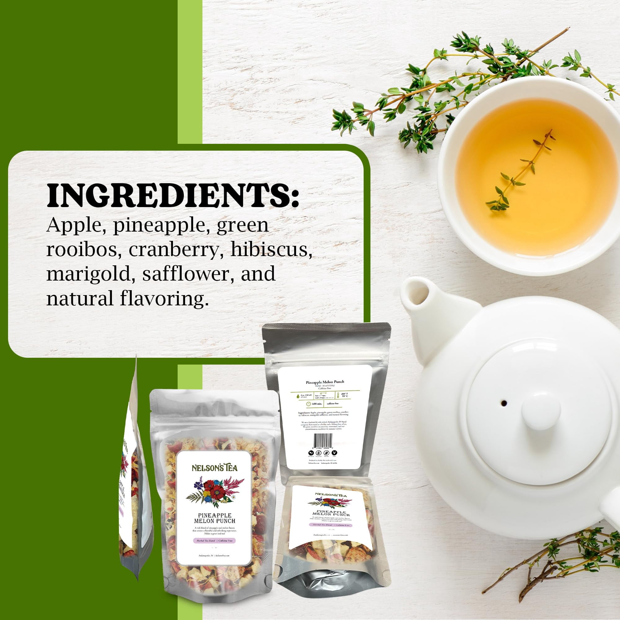Nelson's Tea Pineapple Melon Punch - Cut & Sifted Rooibos Green Tea with Apple, Cranberry, Hibiscus, Marigod and Safflower Loose Leaf Tea (16 oz)