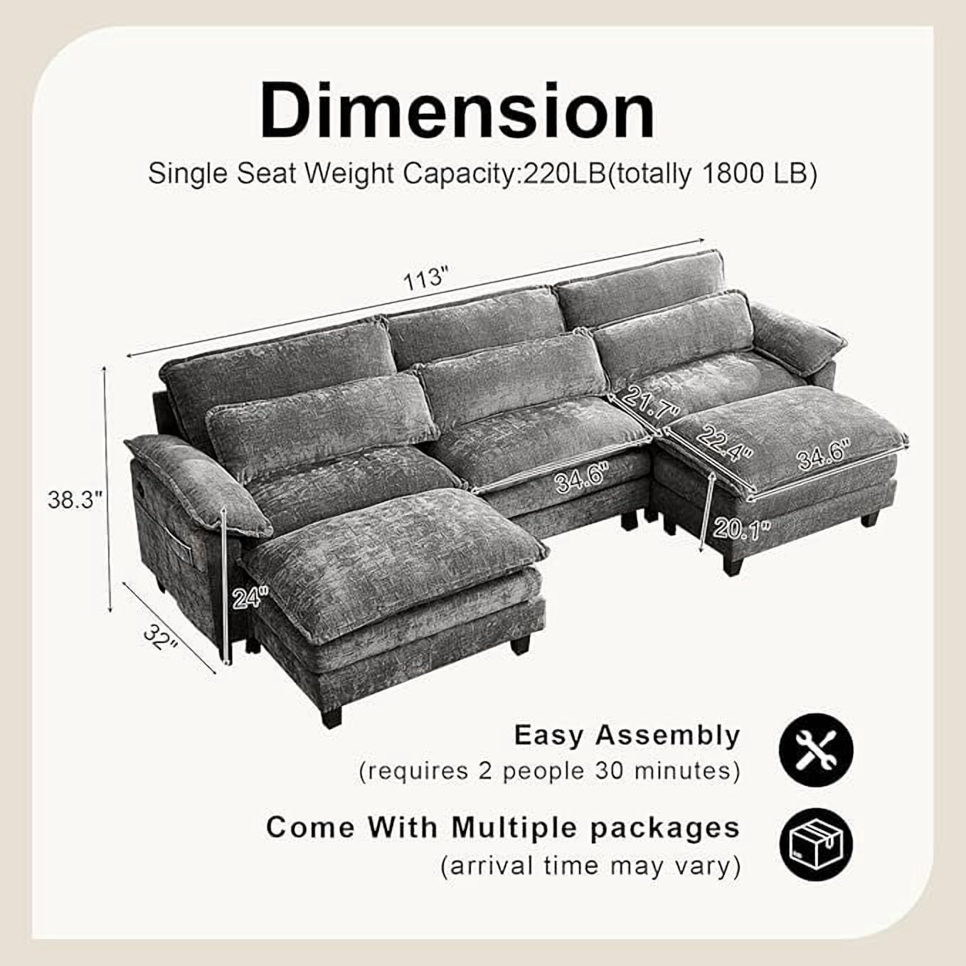 Howcool 113" Modular Sectional Sofa, U-Shaped 3 Seater Cloud Couch with Movable Ottoman, Deep Seat Chenille Sofa with USB Charging Ports & Side Pockets for Living Room, Grey