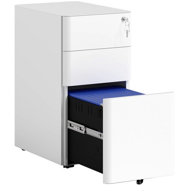 Vinsetto Steel File Cabinet with 3 Drawers, Lockable Filing Cabinet, White