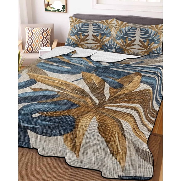 Navy Blue Brown Queen Size Down Alternative Comforter, Lightweight Comforter Quilt Bedding Set with Pillow Shams Vintage Elegant Botanical Palm Leaves All Seasons Bed Comforter Duvet Insert 90"x96"