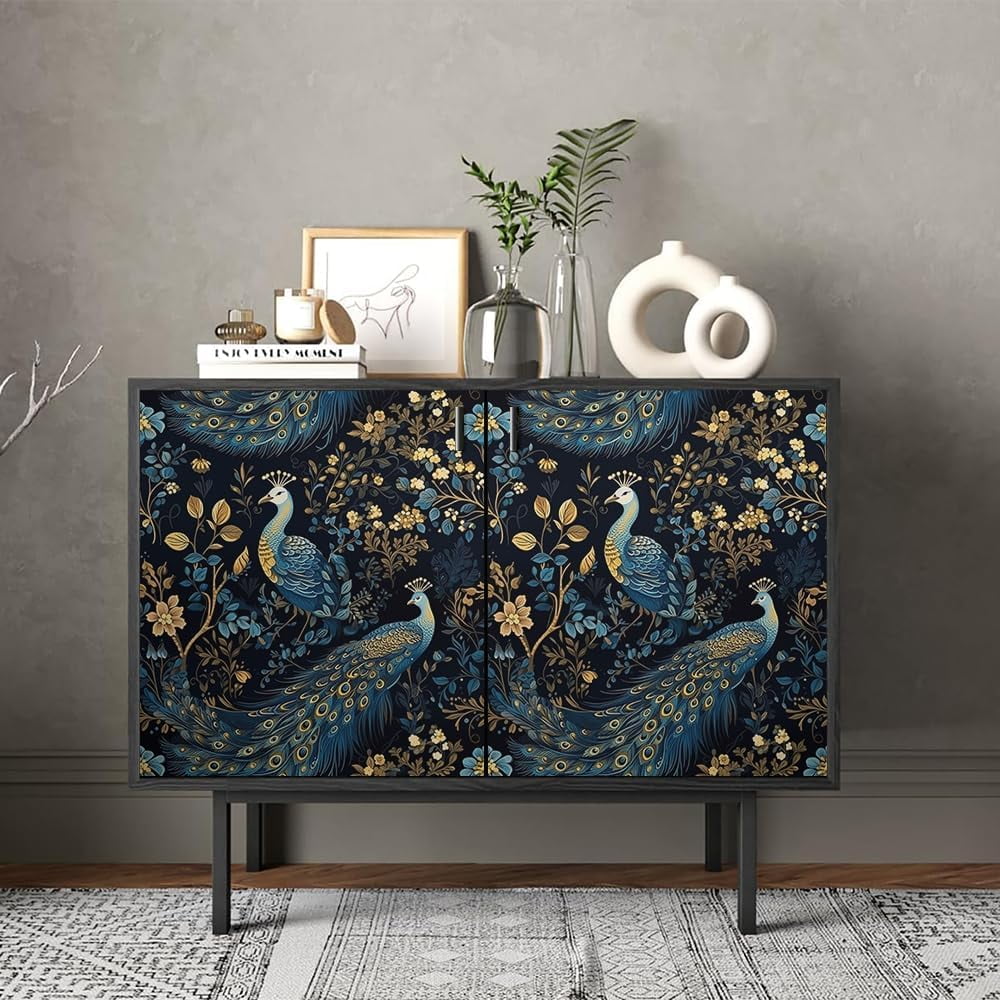 Gold/Yellow/Blue Peacock Animal Plants Dark Black Peel and Stick Wallpaper Stick on Contact Paper Vintage Wall Paper Easy Peel Off for nightstand Drawer Cabinet Renter