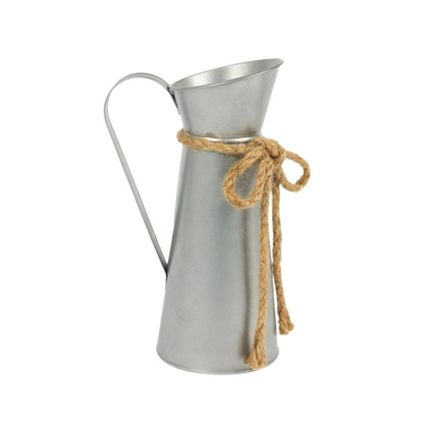 Jarrón de hierro con forma de jarra, contenedor floral, adorno de mesa retro vintage, florero decorativo para decoración del hogar, jardín y granja. Plata