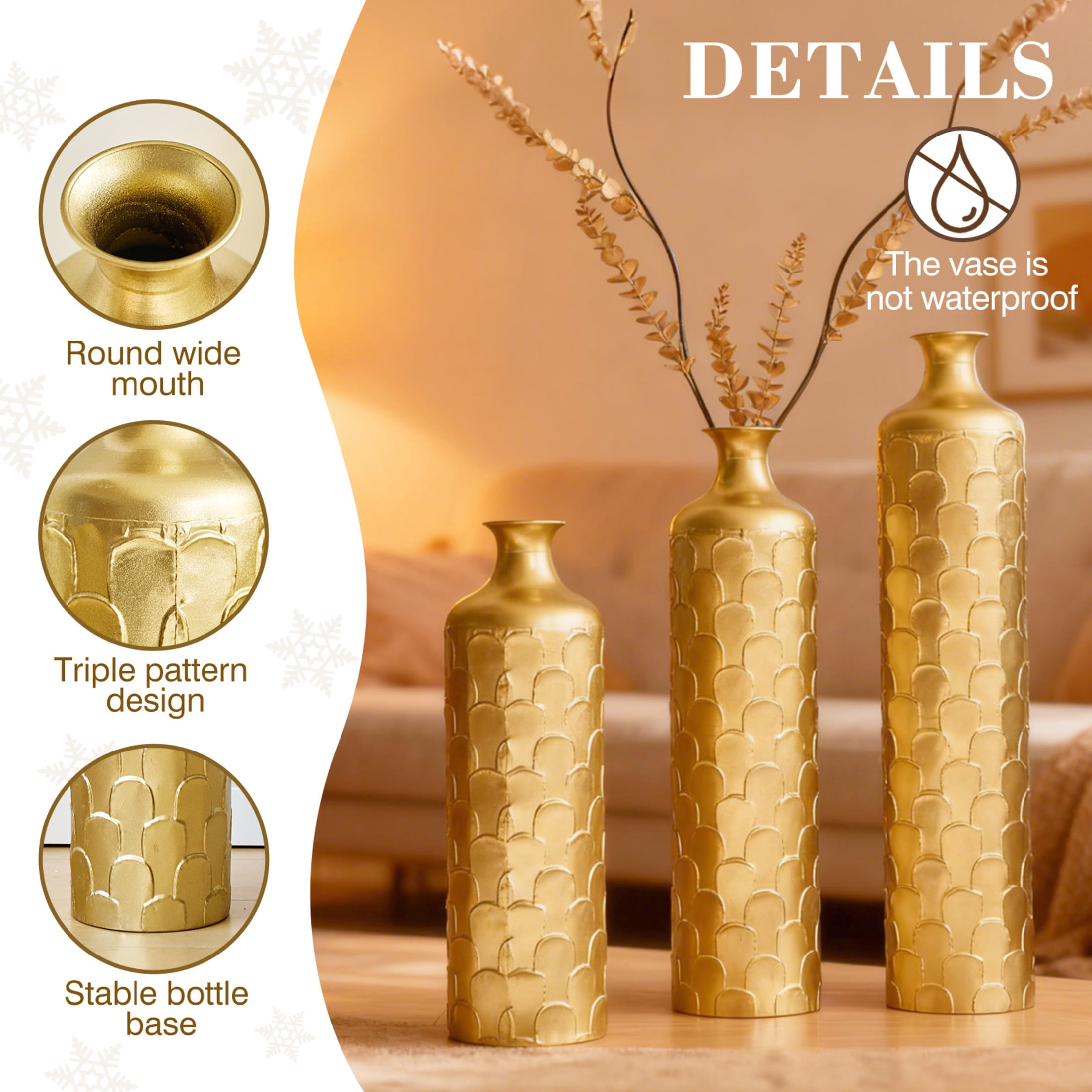 Noble House 25.2", 29.33", 34.25" Metal Floor Vase Set of 3, Geometric Textured Vases, Gold