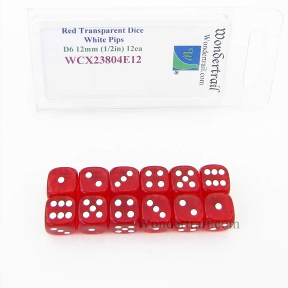 Red Translucent Dice with White Pips D6 12mm (1/2in) Pack of 12 Wondertrail