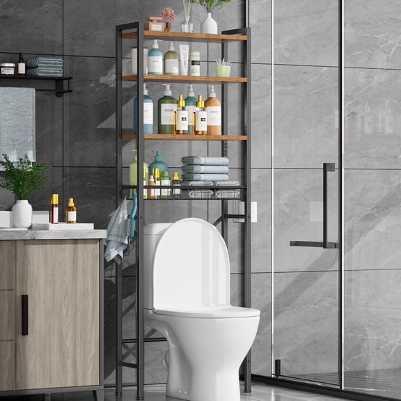 Mr IRONSTONE Over the Toilet Storage 4 Tier Bathroom Space Saver Rack, Wooden Freestanding Organizer with Toilet Paper Holder, Vintage Brown