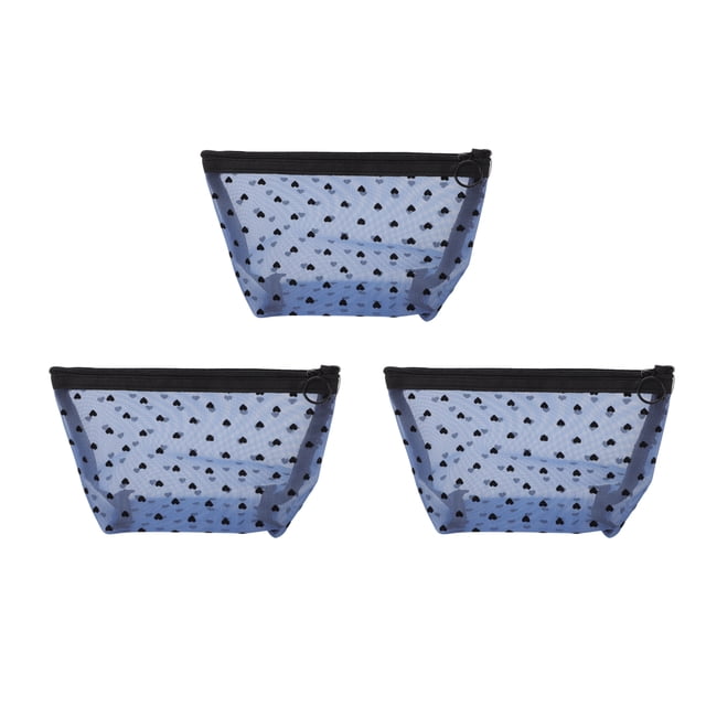 3 Piezas de Bolsa de Maquillaje de Malla con Patrón de Corazón para Vacaciones y Viajes de Negocios, Tela de Malla Azul