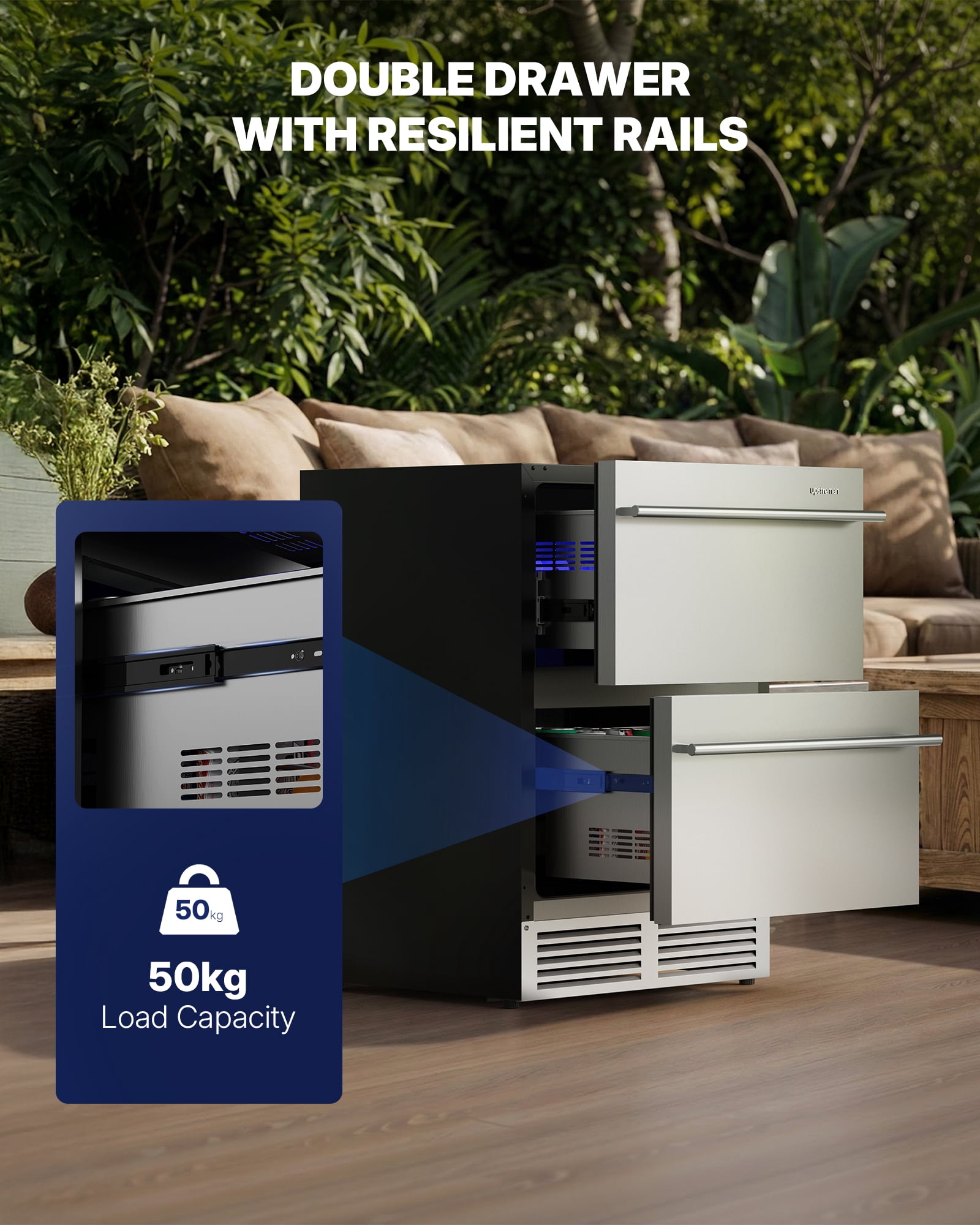 Upstreman 24 Inch Double Drawer Refrigerator, Under Counter Beverage Refrigerator Stainless Steel Outdoor Refrigerator Wine Cooler Fridge, Built-in or Freestanding, BR50D